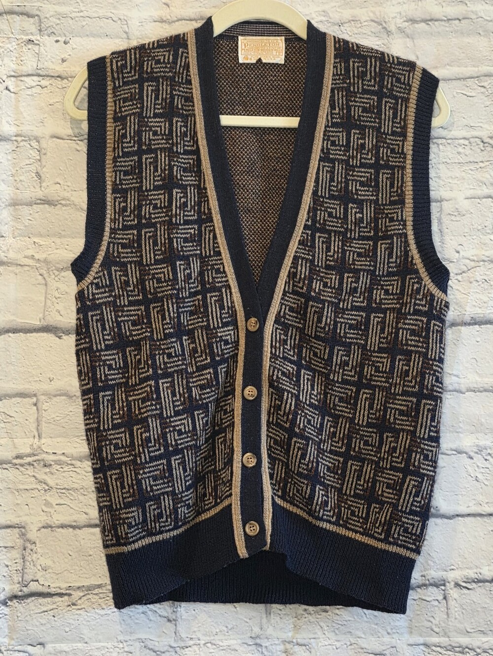 Pendleton Virgin Wool Geometric Knit Sweater Vest Navy Brown Vintage Menswear